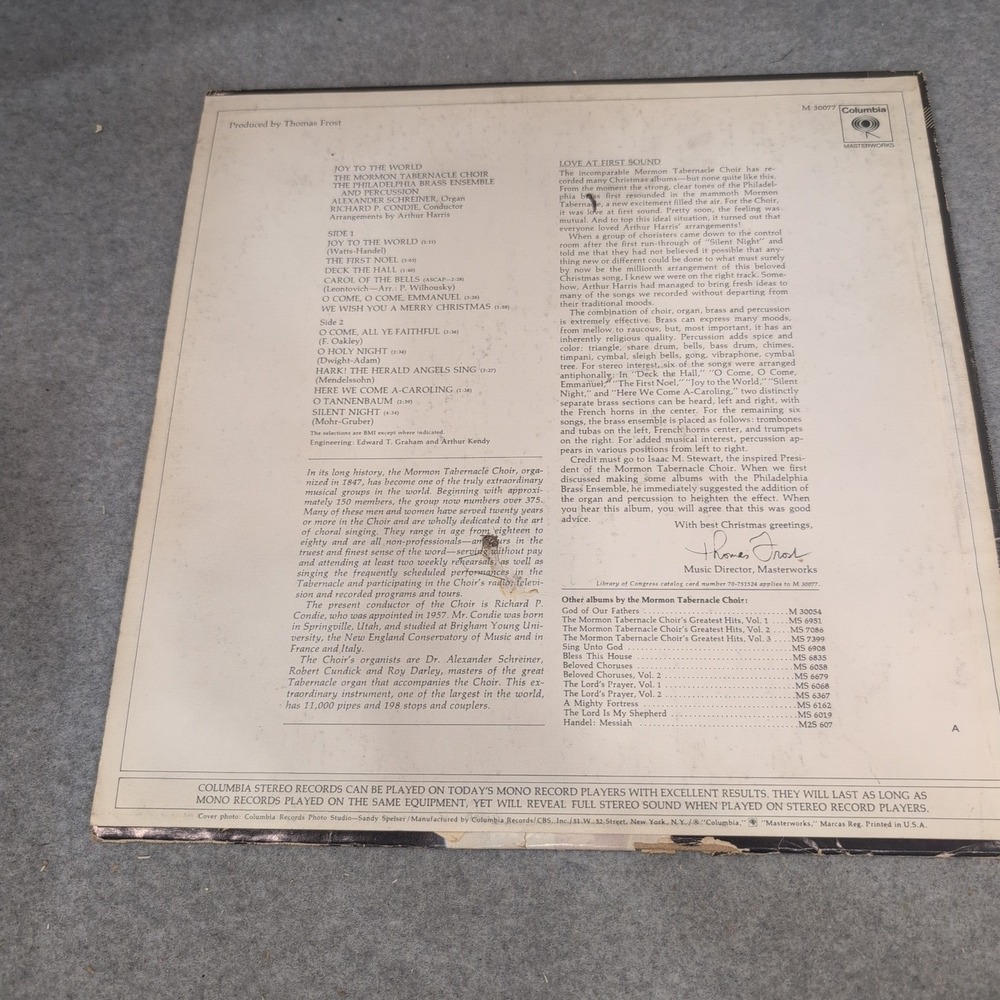 Joy To The World Mormon Tabernacle Choir Philadelphia Brass Vinyl LP M 30077 - Picture 2 of 7